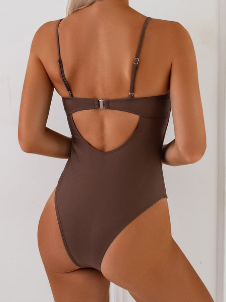 Brown Solid Underwire One Piece Swimsuit