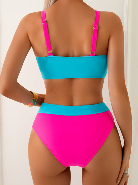 Multicolor Colorblock High Waisted Bikini Set