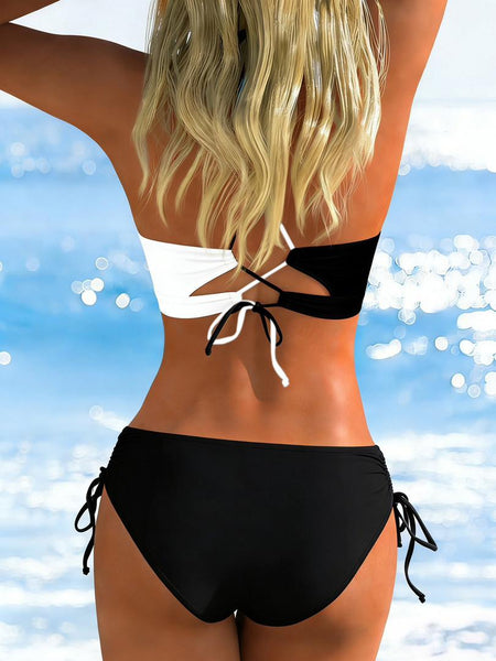 Black Colorblock Tie Front Bikini Set