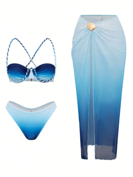 Blue Ombre Underwire Bikini Set With Sarong