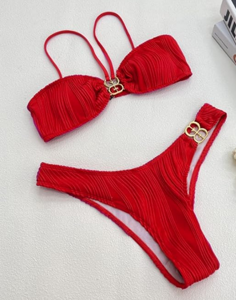 Red Metallic Detail Textured Two Piece Bikini Swimsuit