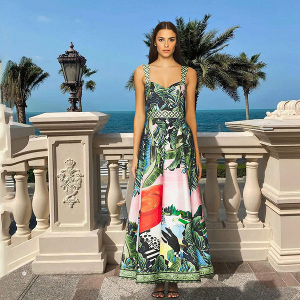 Green Tropical High Cut One Piece Swimsuit With Beach Skirt