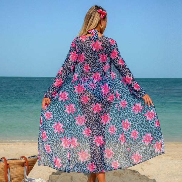 Blue Animal Print Halter Bikini Set With Long Sleeve Shrug Cover Up