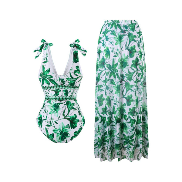 Green Floral One Piece Swimsuit With Maxi Cover Up