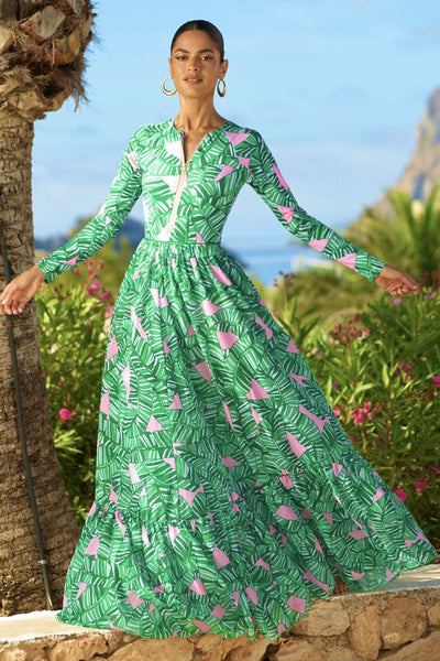 Green Tropical Long Sleeve One Piece Swimsuit With Beach Skirt