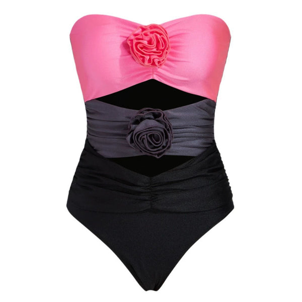 Pink Gradient One Piece Swimsuit With Sarong