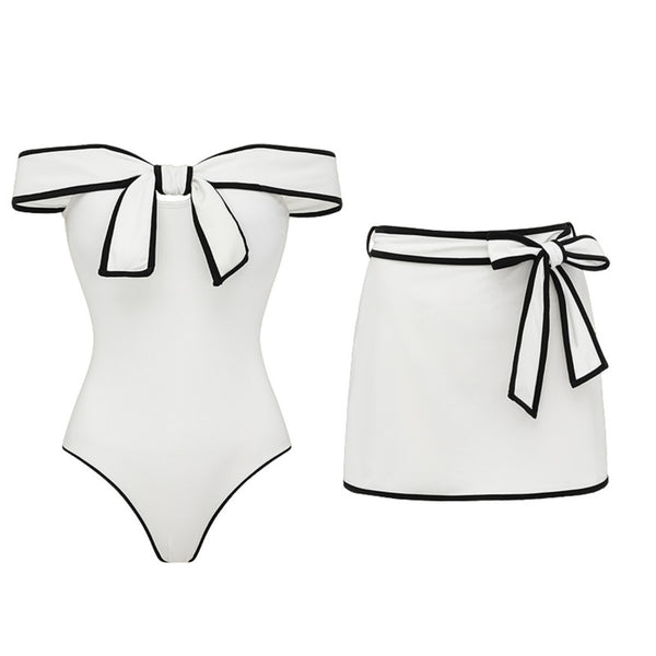 White Solid Off Shoulder One Piece Swimsuit With Beach Skirt Set
