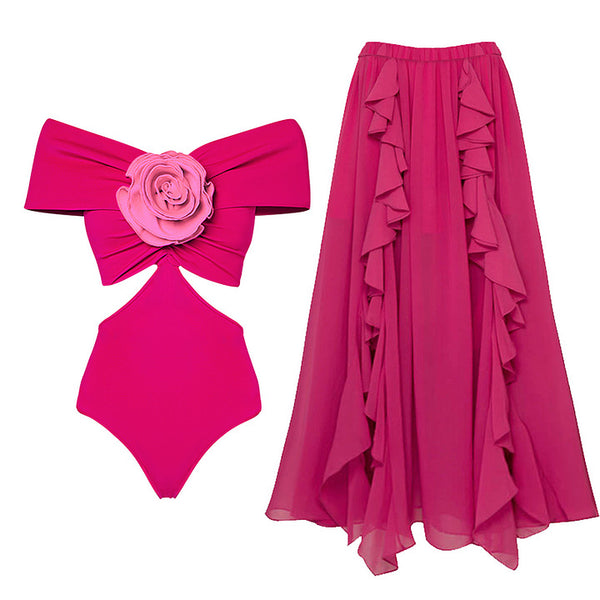 Pink Solid Off Shoulder One Piece Swimsuit With Beach Skirt