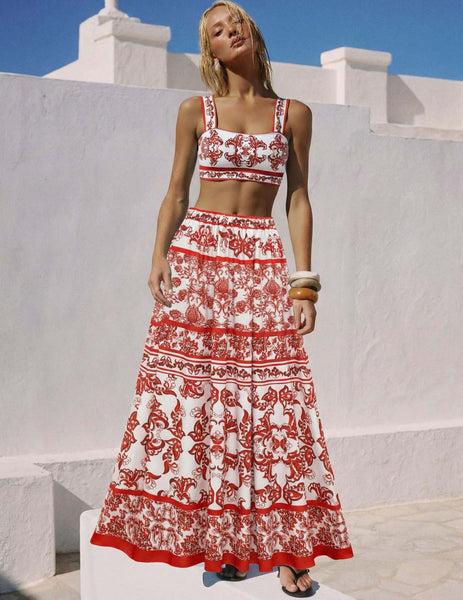 Red Majolica print High Waisted Bikini Set With Beach Skirt