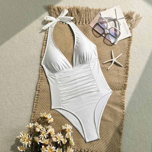 White Solid Halter One Piece Swimsuit
