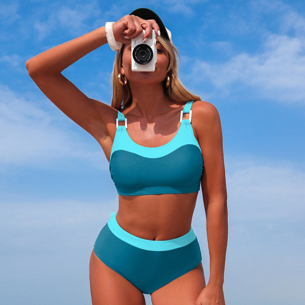 Light Blue Colorblock High Waisted Bikini Set