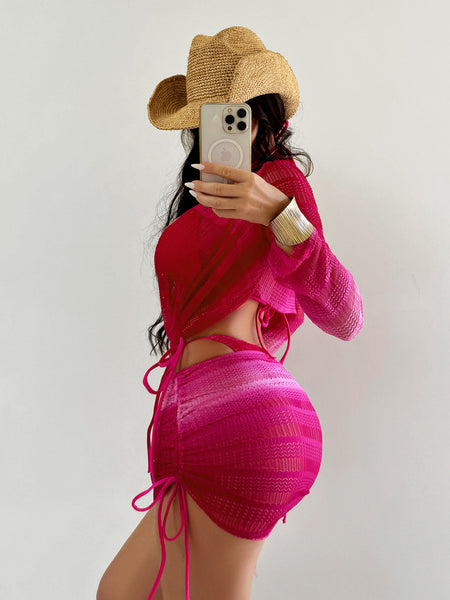 Pink Tie Dye Halter Bikini Set With Long Sleeve Cover Up & Beach Skirt