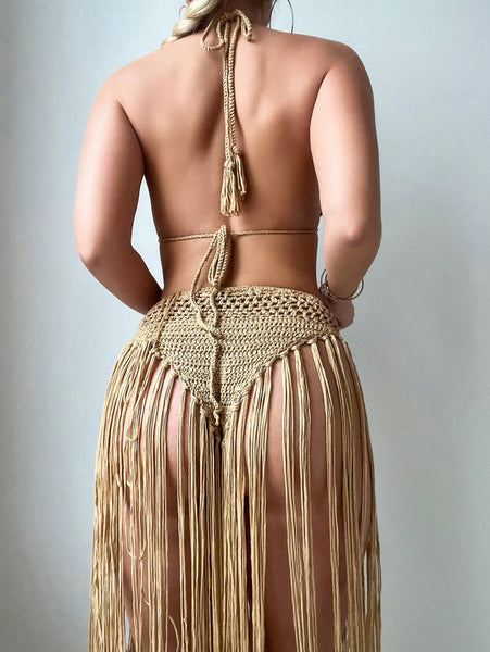 Brown Solid Crochet Tassel Halter Top With High Waisted Skirt