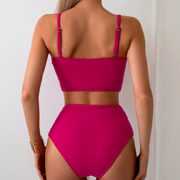 Front Knot Ruched Bikini Set Pink