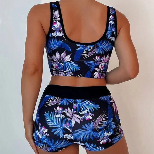 Tropical Plant Print Deep V Neck Two Pieces Set Tankini with Short Bottoms Blue