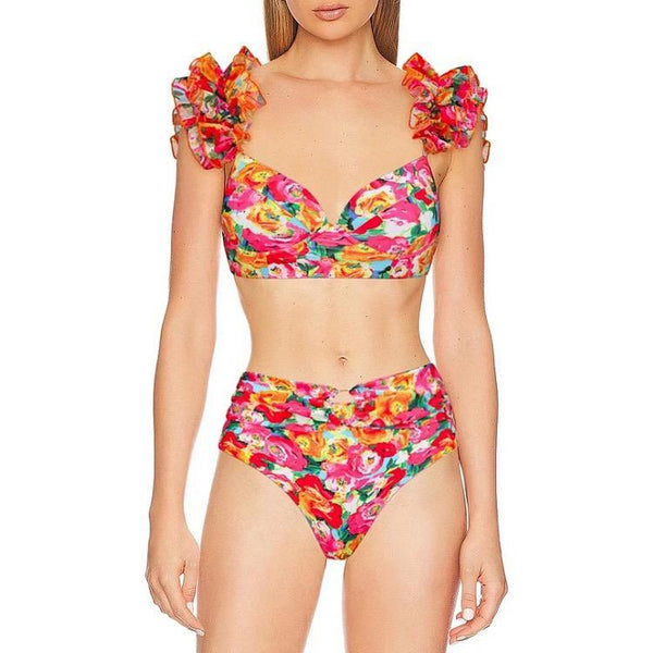 Flower Print Shoulder Straps Two Piece Bikini With Cover Up Swimsuit Multicolor