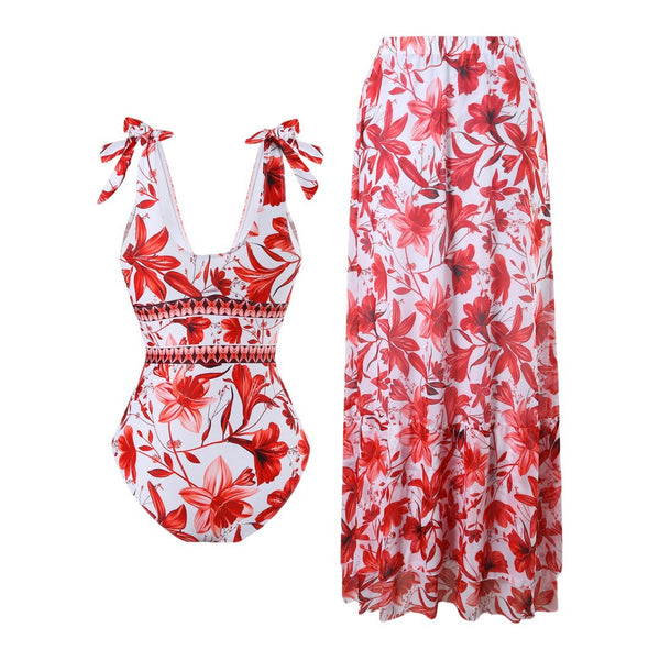 Red Floral One Piece Swimsuit With Maxi Cover Up