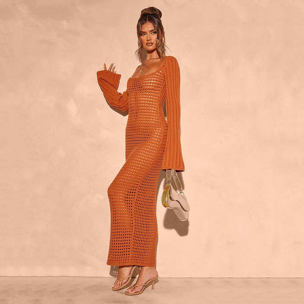 Brown Solid Hollow Crochet Knit Beach Dress