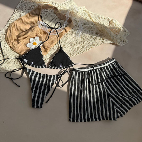 Black Stripes Halter Bikini Set With Beach Shorts