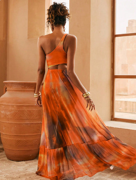 Orange Gradient One Shoulder One Piece Swimsuit With Beach Skirt