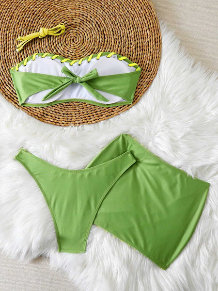 Green Solid High Leg Bikini Set With Beach Skirt