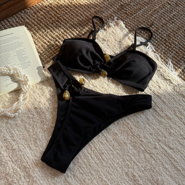 Solid Spaghetti Straps Front Side Metal Hook Bikini Swimsuit Black