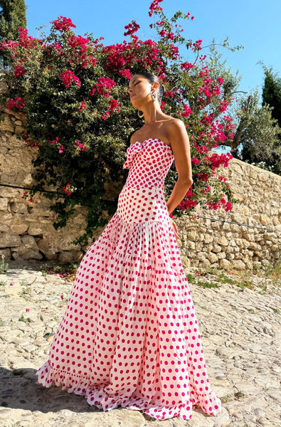 Red Polka Dots Tie Front One Piece Swimsuit With Maxi Cover Up