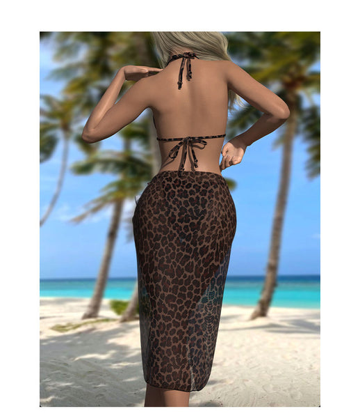 Bikini Set Halter Top & Tie Side Bottom & Beach Skirt 3 Piece Swimsuit Leopard