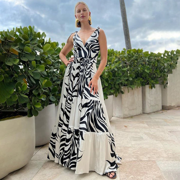 White Animal Print Deep V One Piece Swimsuit With Beach Skirt