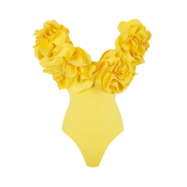 Flora Print V-Neck One Piece Flower Decor Swimsuit With Cover Up Yellow