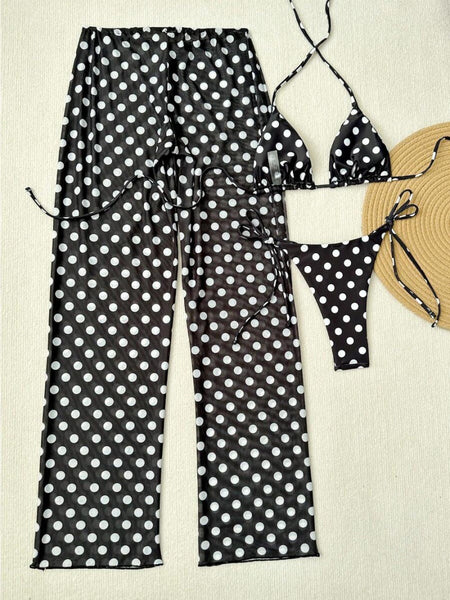 Black Polka Dots Triangle Bikini Set With Beach Pants