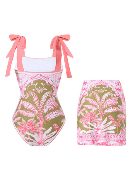 Tropical Print One-Piece Swimsuit Set with Skirt Pink