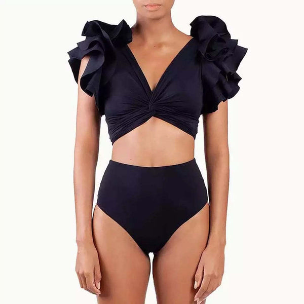 Black Flax Ruffle Bikini With Sarong Set