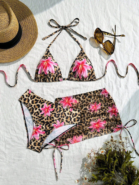 Brown Animal Print Triangle Bikini Set With Beach Skirt