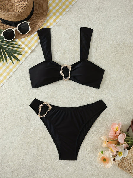 Black Solid High Leg Bikini Set