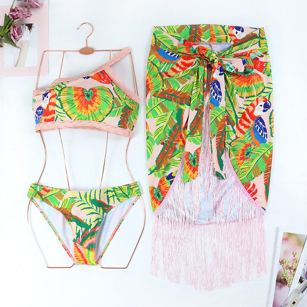 One Shoulder Floral Print Strap Two Pieces With Bathing Suit Wrap Skirt Multicolor