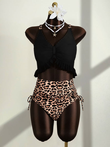 Black Animal Print Ruffle One Piece Swimsuit