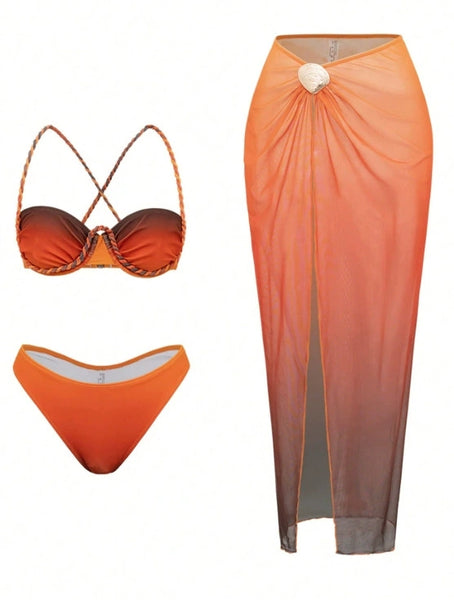 Orange Ombre Underwire Bikini Set With Sarong