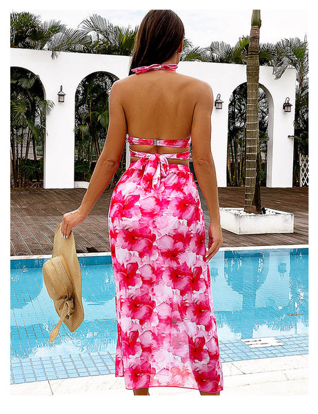 Floral Print High Waist Bikini With Cover Up Pink