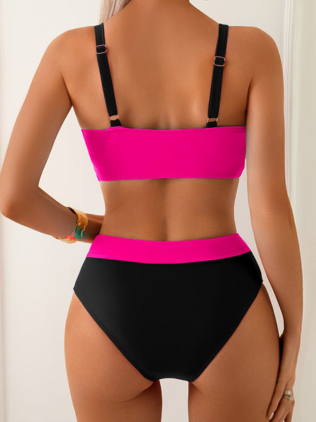 Multicolor Colorblock High Waisted Bikini Set