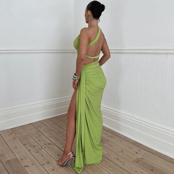 Green Solid One-Shoulder Crop Top Beach Skirt Set Without Pads
