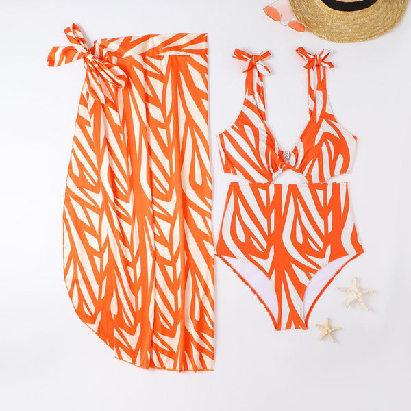 One Piece Cutout Deep V Plunge Covering Belly with Cover Up Orange