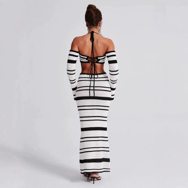 Black Stripes Knitted Top With Skirt
