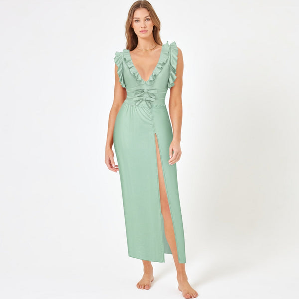 Light Green Solid Ruffle One Piece Swimsuit With Beach Skirt
