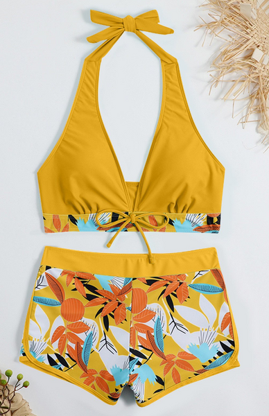 Yellow Tropical Leaf Print Tie Bikini and Boardshorts