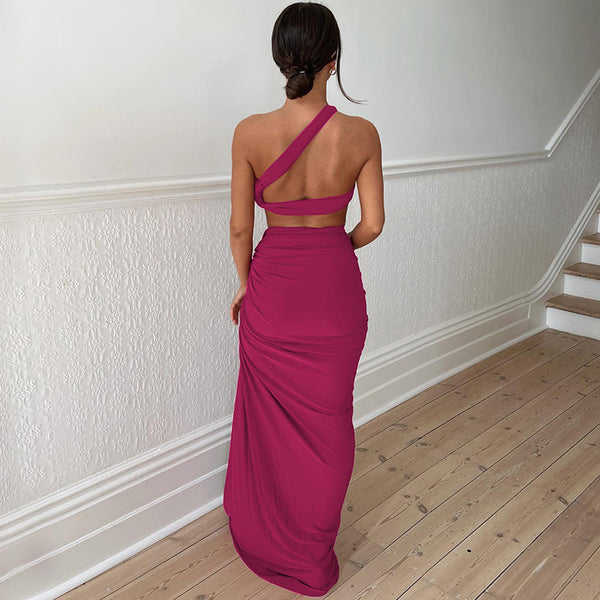 Maroon Solid One-Shoulder Crop Top Beach Skirt Set