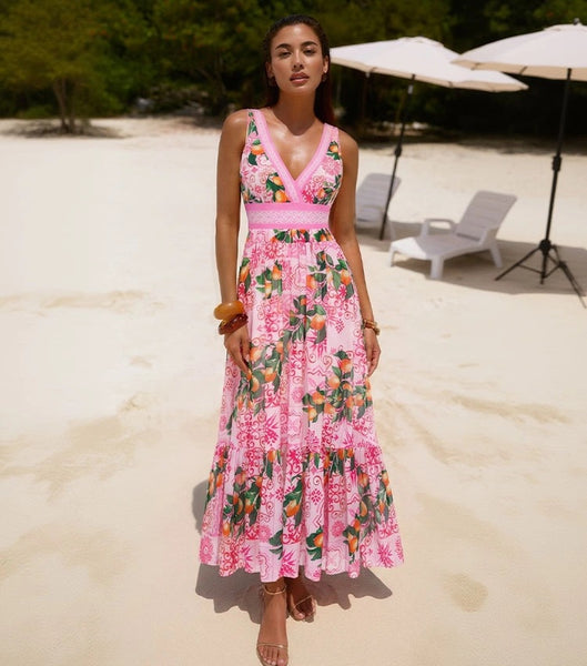 Pink Fruit Print Deep V One Piece Swimsuit With Beach Skirt