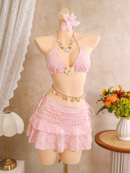Pink Lace Texture Halter Bikini Set With Beach Skirt