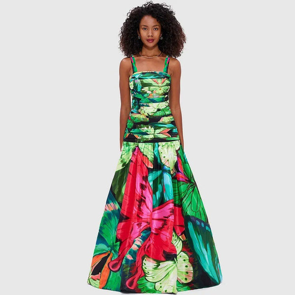 Green Tropical Tummy Control Swimsuit With Beach Skirt