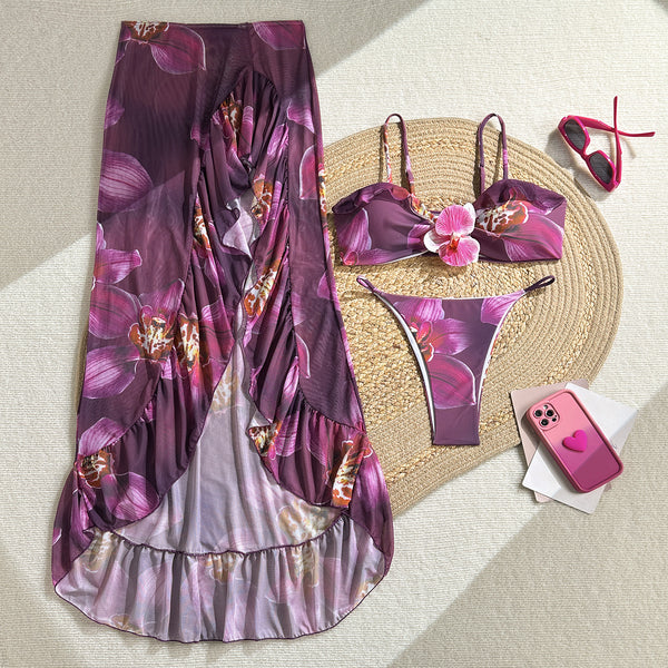 Purple Floral High Cut Bikini Set With Ruffle Beach Skirt